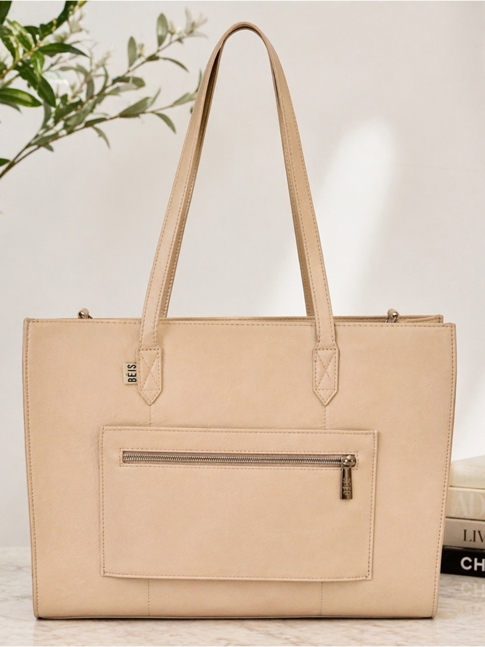 BÉIS The Work Tote Beige Vegan Leather Laptop Work Travel Bag Structured EUC